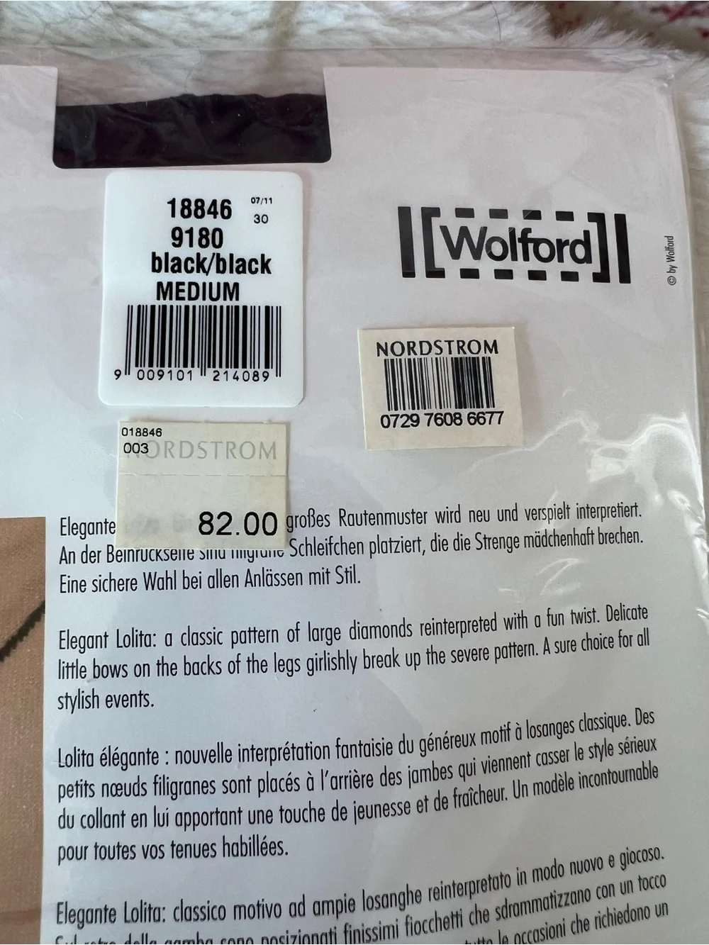 Wolford Elegant Lolita Tights Black Large Diamond Bow Pattern M NIP
